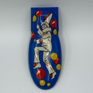Tin Clown Clicker Noisemaker Vintage Kirchhof US Blue Red White Scratches Nicks